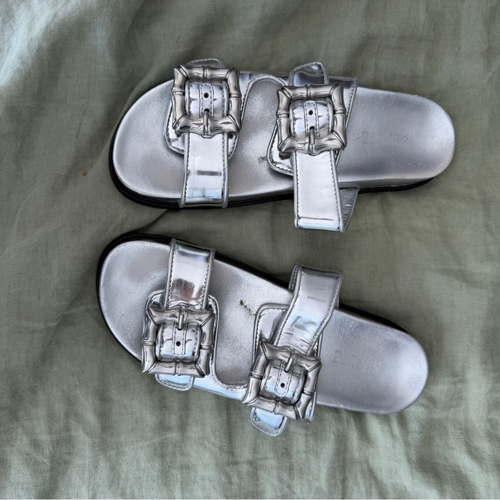 SCHUTZ Silver Metallic Double-Buckle Slide Sandals